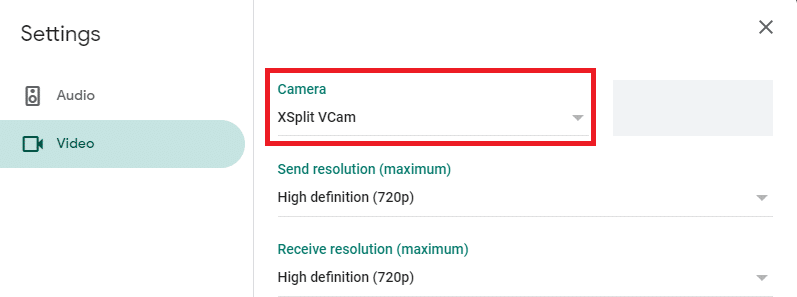 XSplit VCam as a camera source for Google Meet