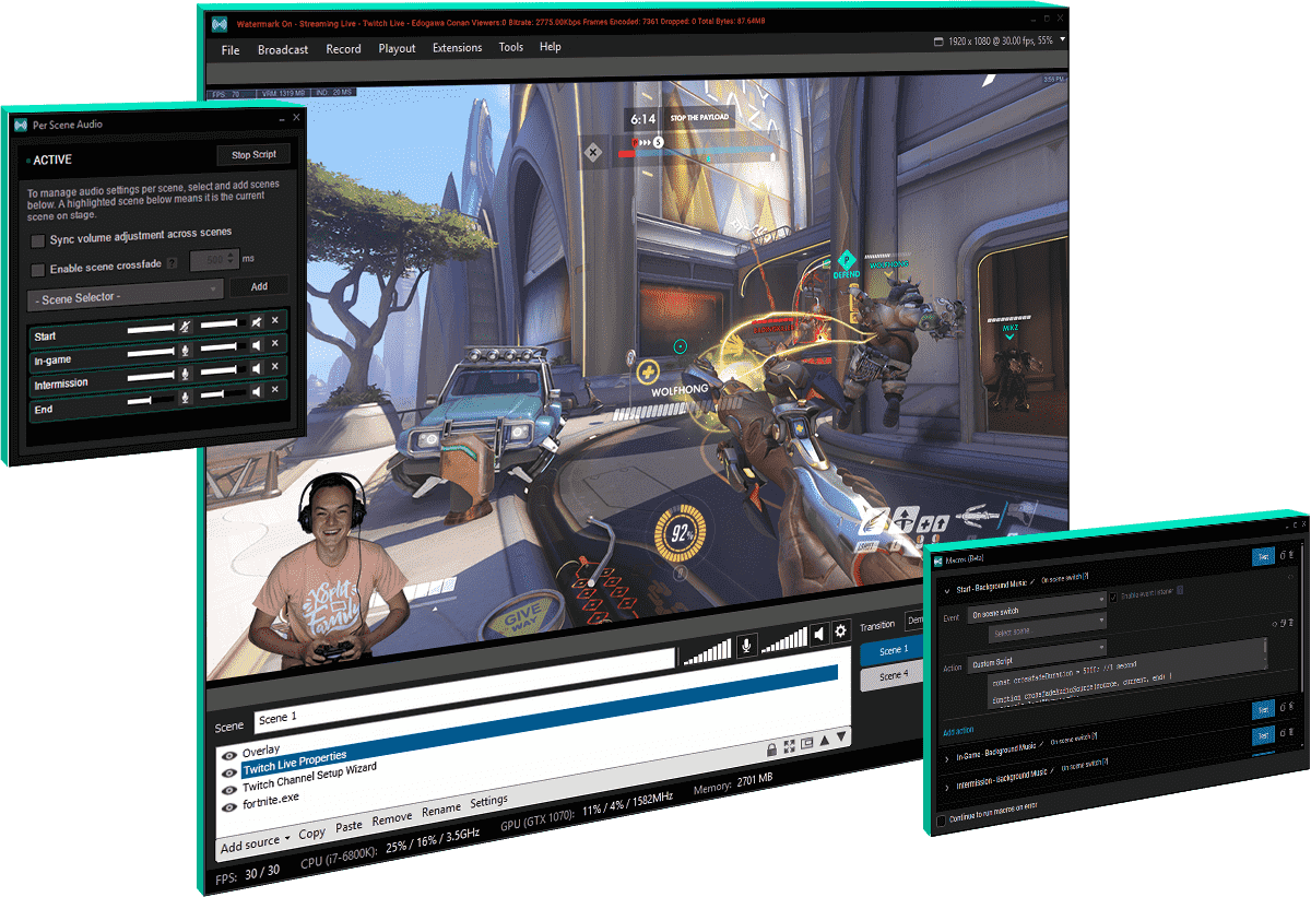 XSplit Broadcaster offers advanced features for YouTube streams such as support for alerts and widgets, webm stingers & auto scene switcher