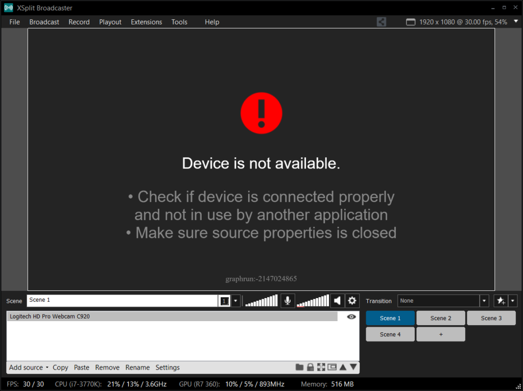 XSplit Broadcaster Device Not Available
