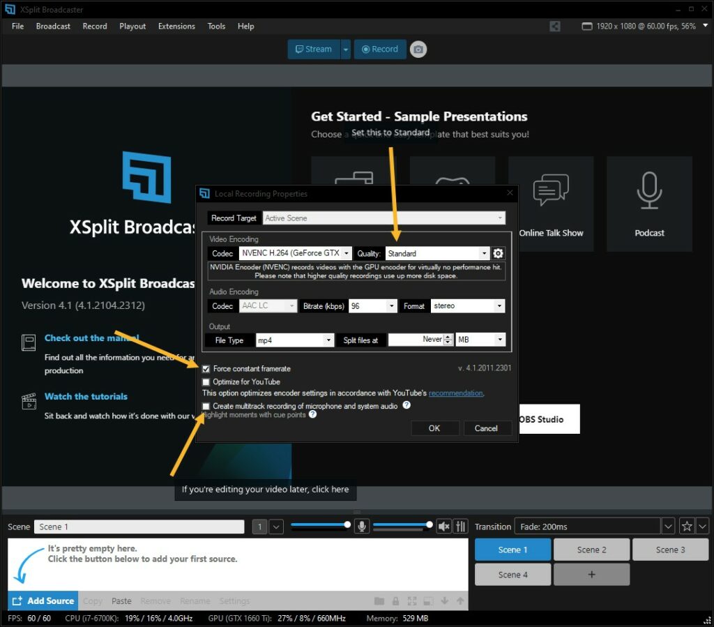 An image for XSplit Broadcaster Recording settings showing you how to record gameplay for TikTok