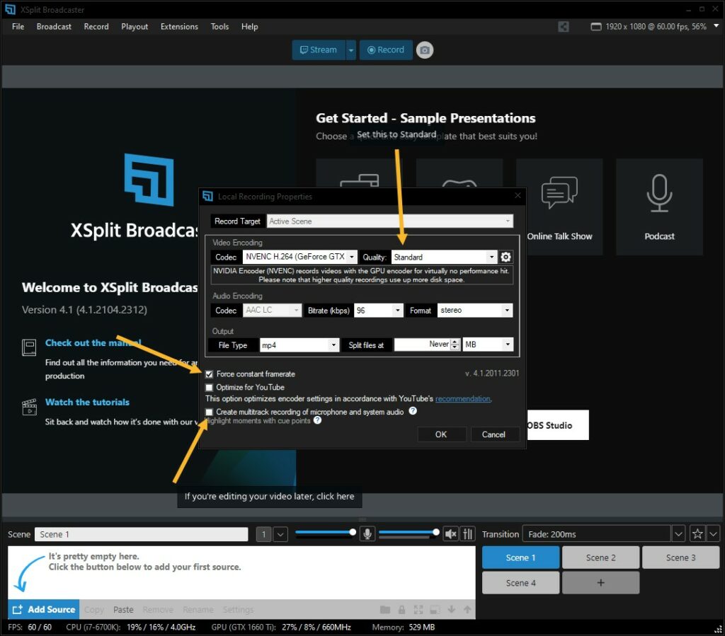An image for XSplit Broadcaster Recording settings showing you how to record gameplay for TikTok
