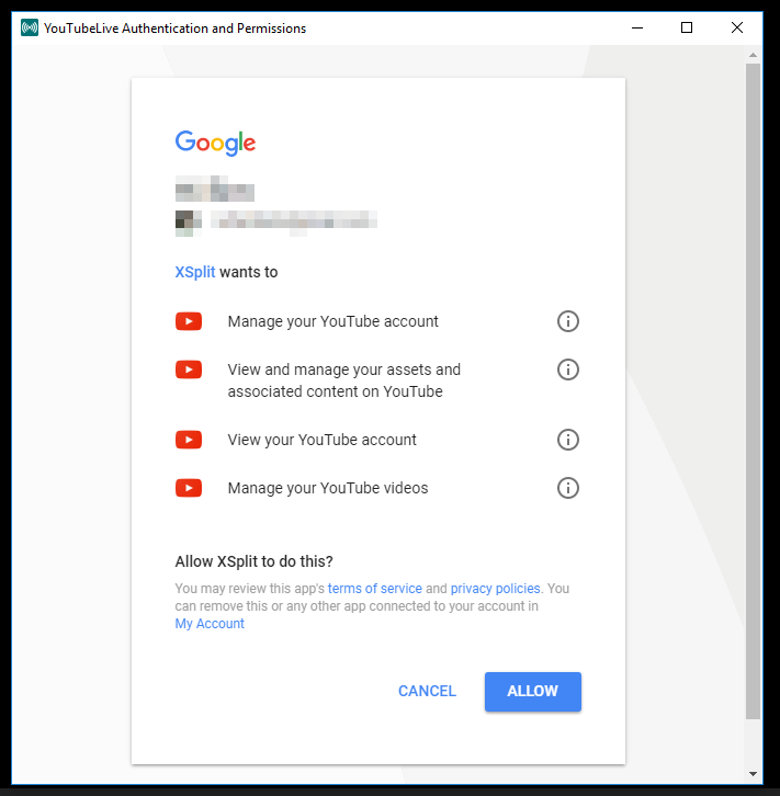 XSplit Access to YouTube Account Permissions