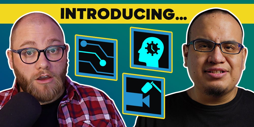 Two people pulling expressive faces for a YouTube thumbnail.