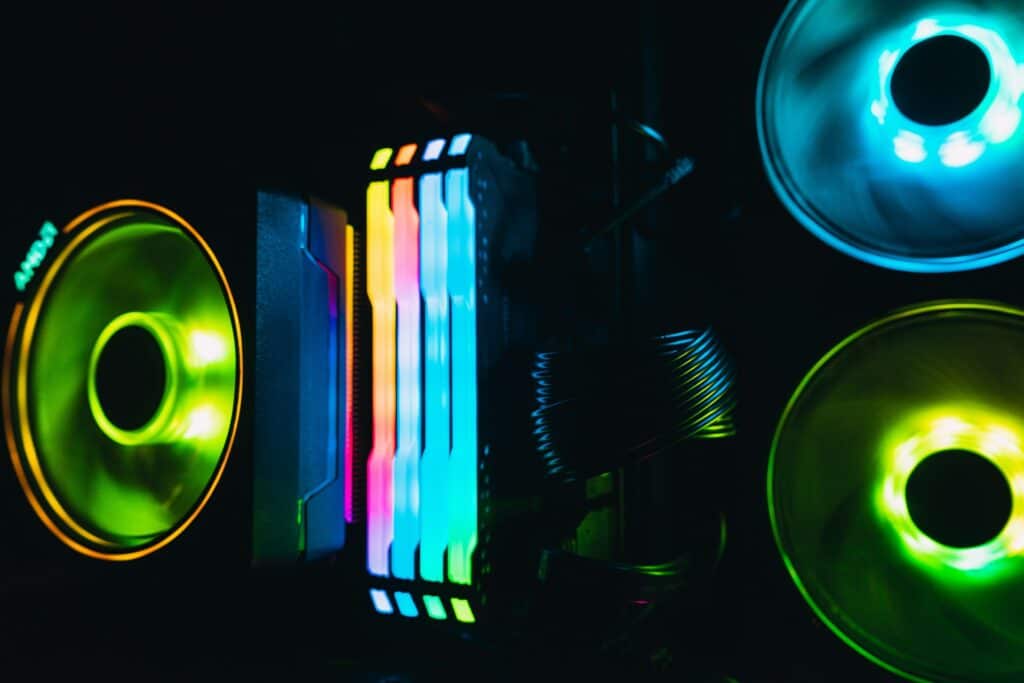 The inside of a gaming PC which has been upgraded and has LED lights. The lights won't improve stream quality, but the RAM could.