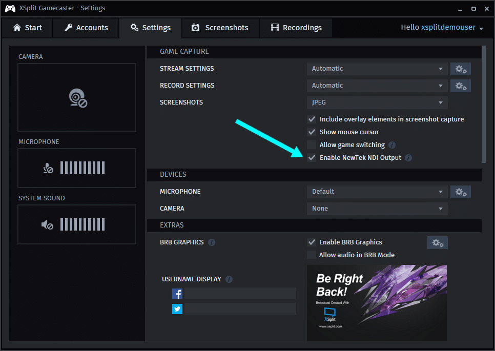 XSplit Gamecaster settings tab enabling NewTek NDI Output box