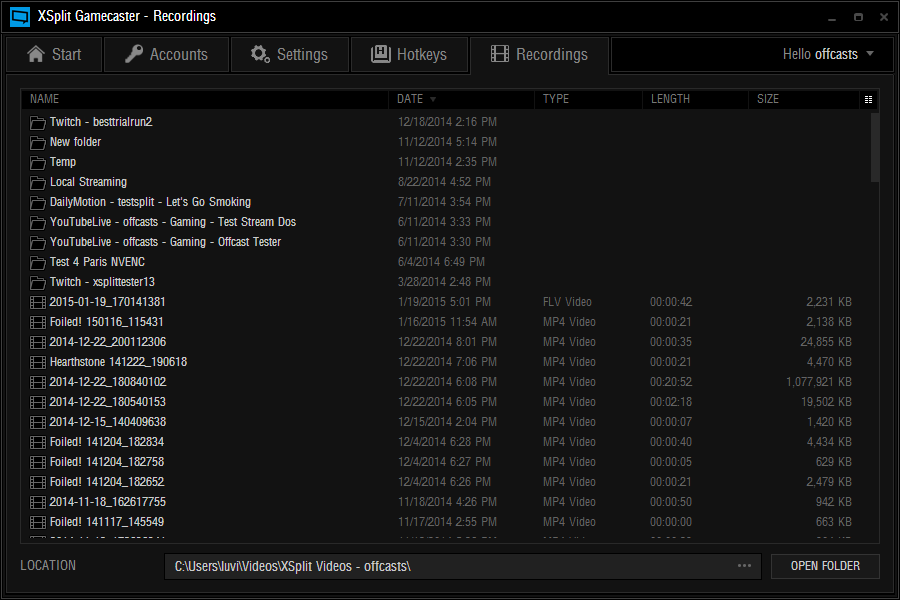 XSplit Gamecaster Recordings Tab