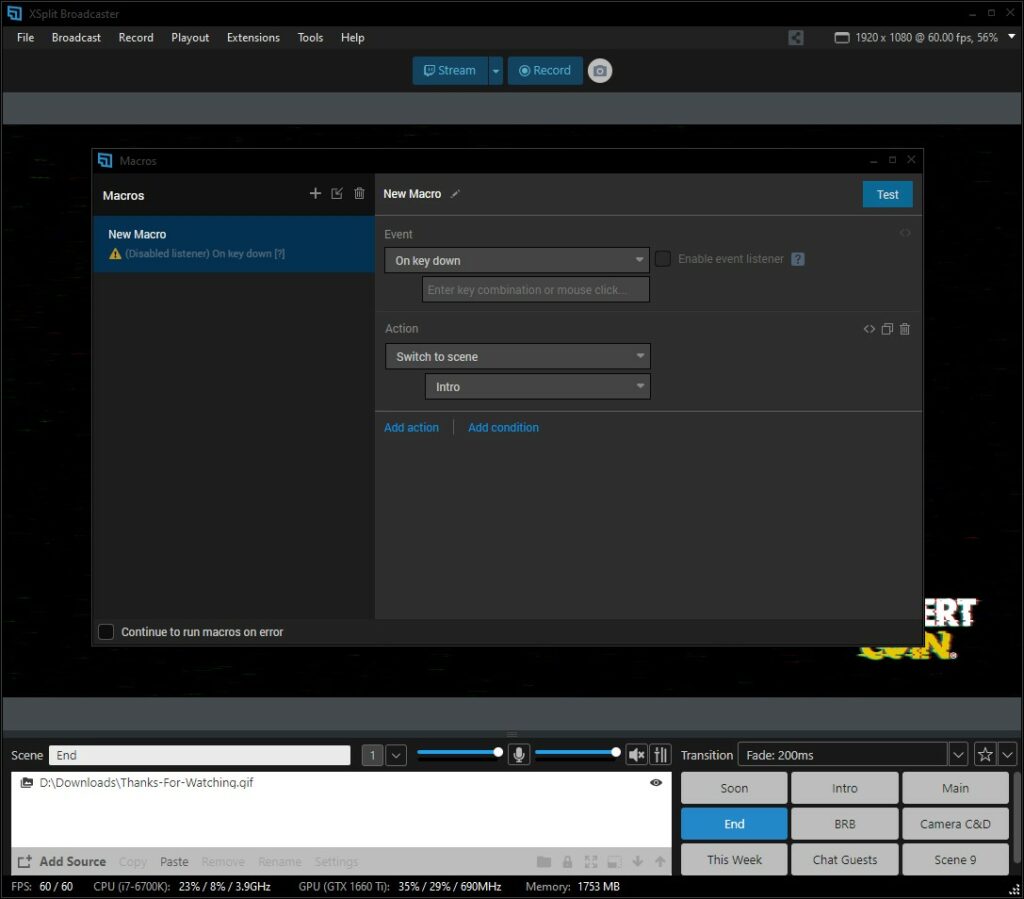 The Macro menus open in XSplit Broadcaster which makes live streaming automation possible.