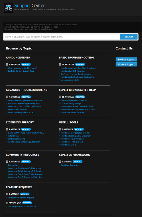 XSplit Support Page by Desk