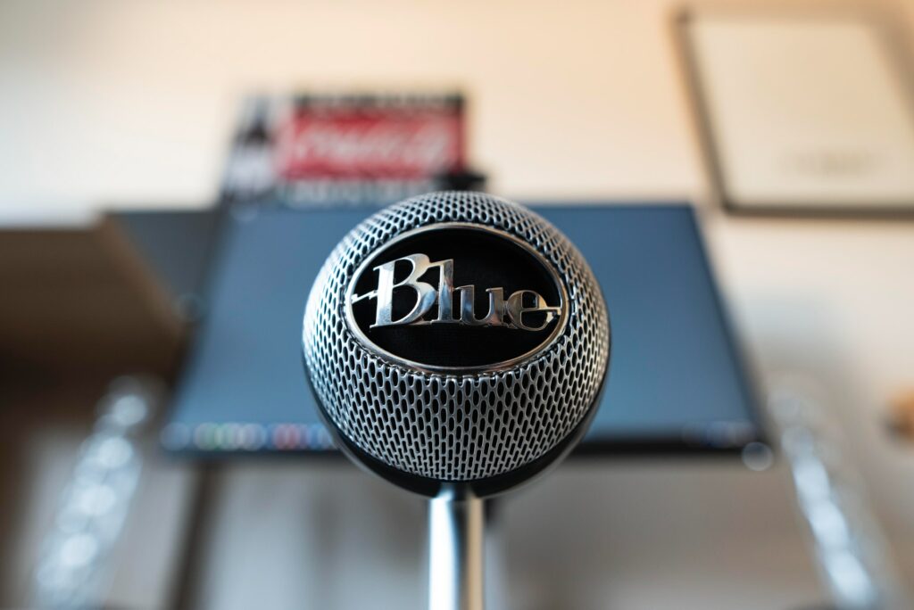 A blue snowball which makes a great piece of video conferencing hardware.