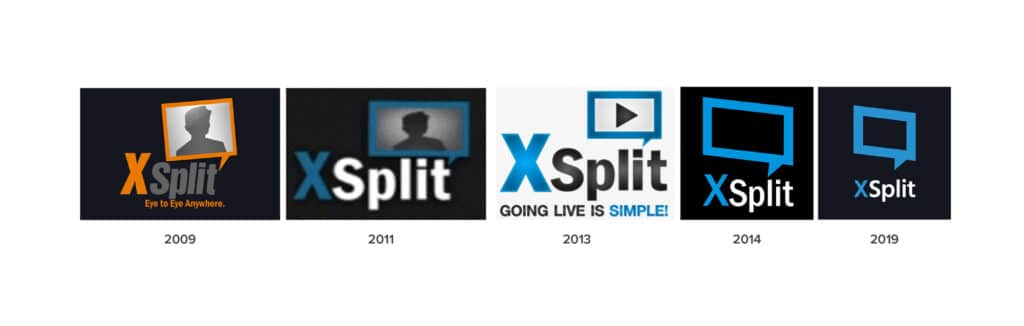 Each our the XSplit logos from 2009 to 2019 in a line-up next to each other.