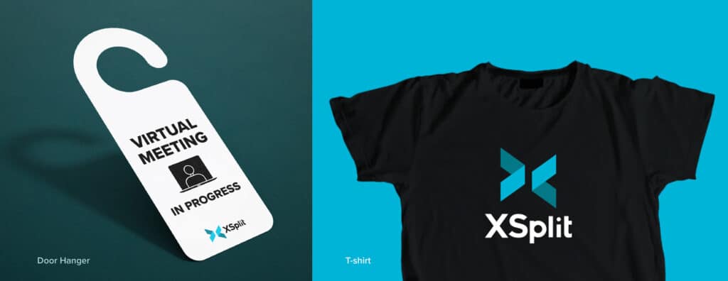 The new XSplit logo on a t-shirt and a door hanger.
