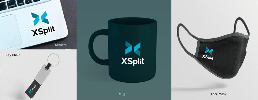 The new XSplit logo on a sticker, key chain, a mug and a face mask.