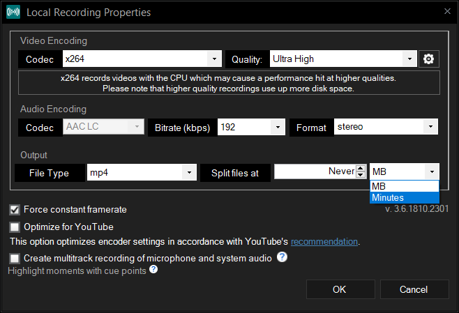 XSplit Broadcaster local recording properties