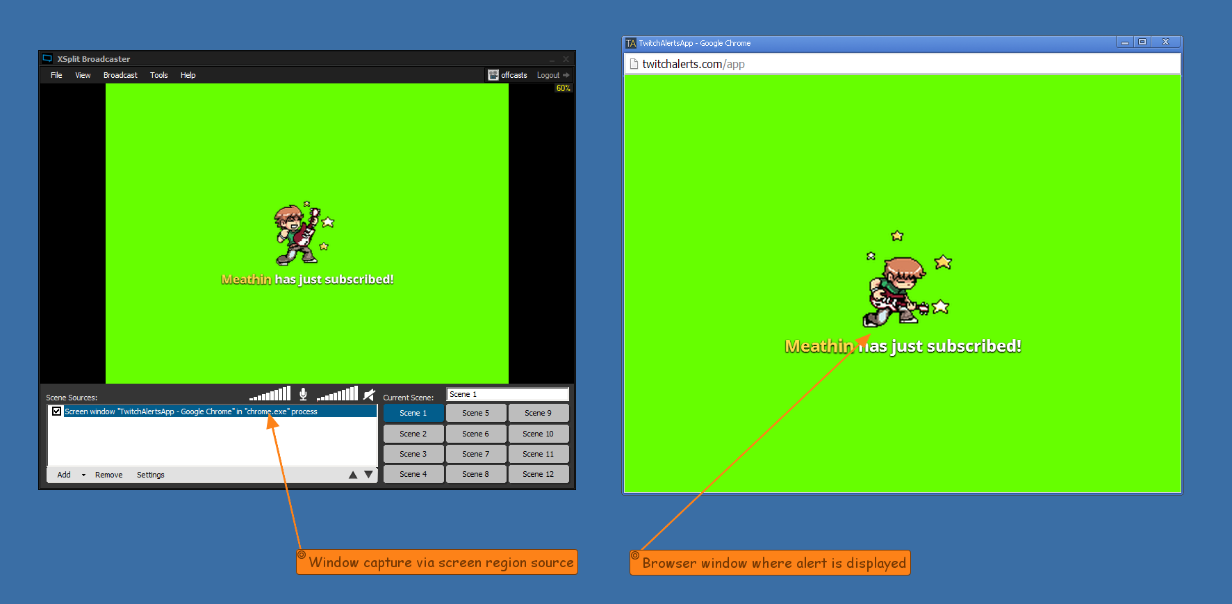 window capture via screen region source and browser window where alert is displayed