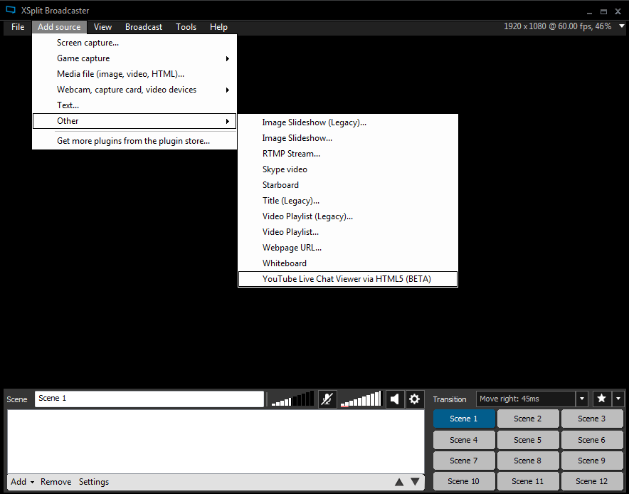 XSplit Broadcaster add source on scene